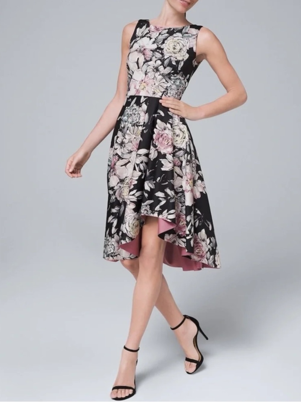 WHBM Floral Print High-Low Fit & Flare Black Sleeveless V-cut back Dress size 4P